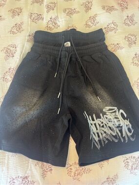 Black Athletic Perforated Shorts with Silver Graphic